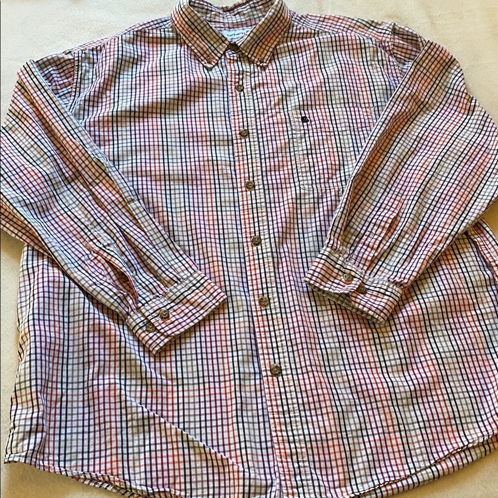 Carhartt XXL crisp cotton button down  up shirt white blue black  multicolor